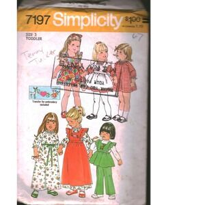 Vintage Simplicity 7197 Toddlers Dress Pinafore Pants Sewing Pattern Size 3 1975